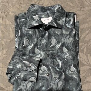 Eton Men's Green and Gray Artistic Pattern Shirt